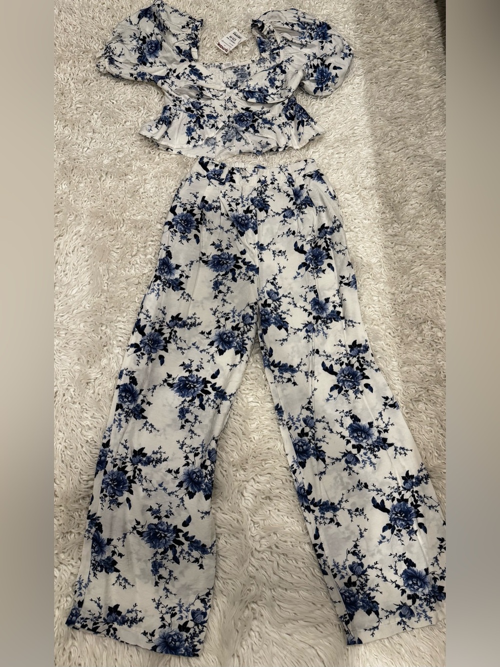Sienna Sky White Wide-Leg Pants and top with Blue Floral Print